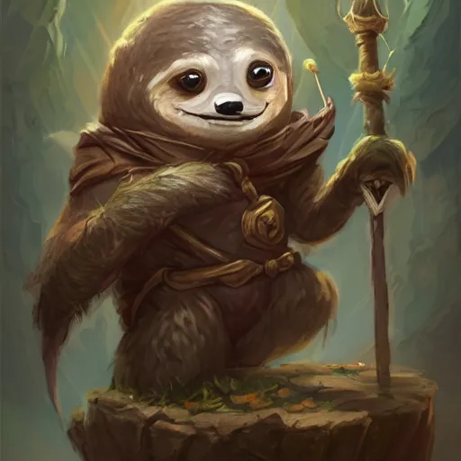 Image similar to cute little anthropomorphic sloth, wielding a magic staff, tiny, small, short, wizard robe, cute and adorable, pretty, beautiful, dnd character art portrait, matte fantasy painting, deviantart artstation, by jason felix by steve argyle by tyler jacobson by peter mohrbacher, cinema