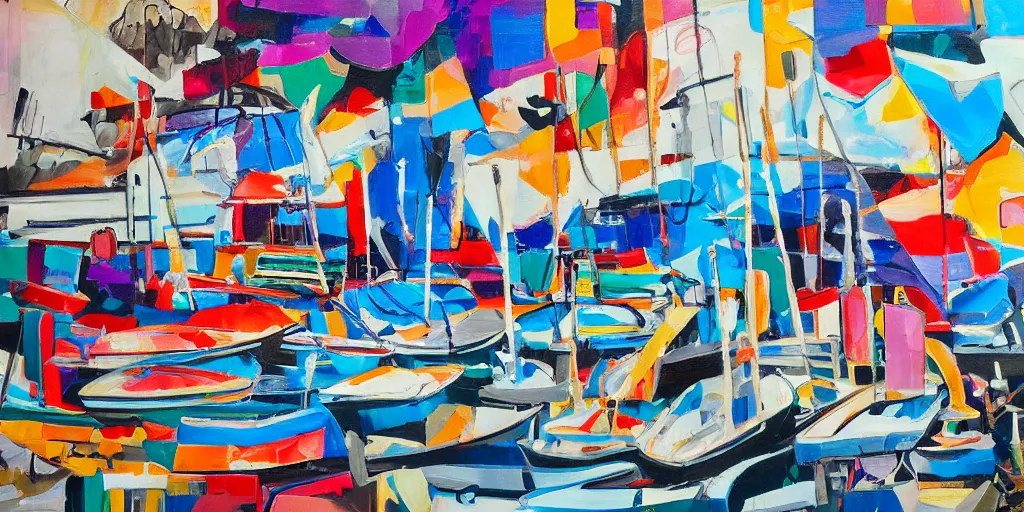 Image similar to abstract maximalist painting, interesting relationship within the composition, gestural lines, maximalism, boats at harbor, white sketchbook style, paint on canvas, power washed texture, masterpiece,