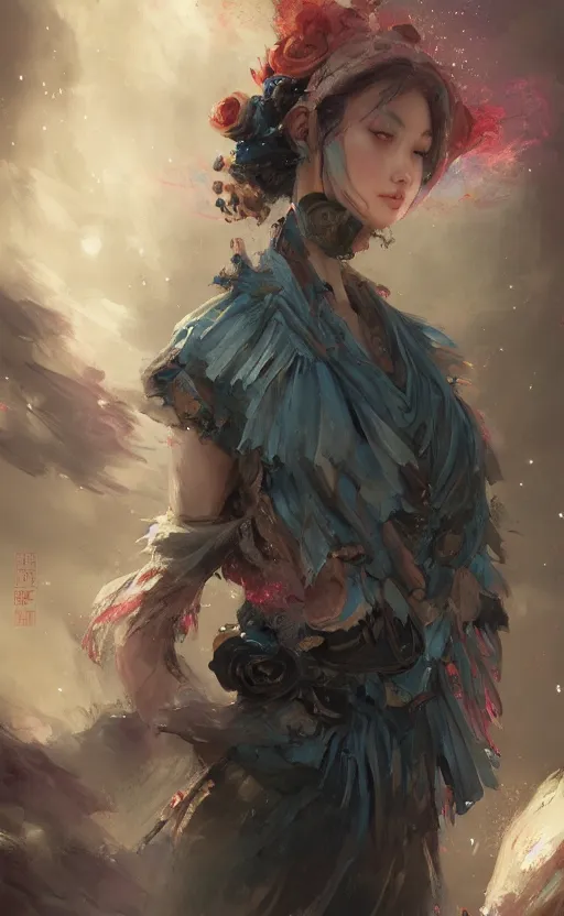 Image similar to Colour Tattoo old galaxie girl chines painting , by WLOP, Rossdraws, James Jean by Greg Rutkowski, Sung Choi, Mitchell Mohrhauser, Maciej Kuciara, Johnson Ting, Maxim Verehin, Peter Konig, Bloodborne , 8k photorealistic, cinematic lighting, HD, high details, atmospheric , trending on artstation