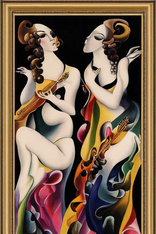 Prompt: highly detailed painting of gemini flamenco goddesses wearing celestial gowns with a black bull framed with flowers by tamara de lempicka