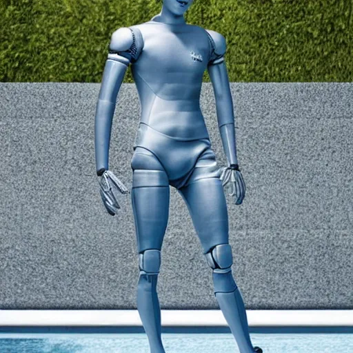 Image similar to a realistic detailed photo of a guy who is an attractive humanoid who is half robot and half humanoid, who is a male android, soccer player martin ødegaard, shiny skin, posing like a statue, blank stare, by the pool, on display, showing off his muscles, humanoid robot, frozen ice statue