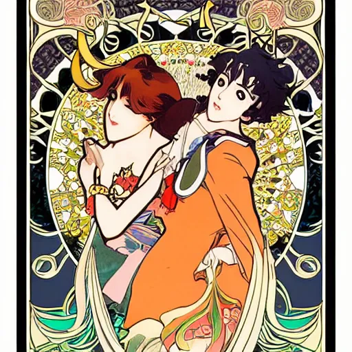 Prompt: anime manga ornaments illustration style by Alphonse Mucha and James Roper pop art pattern nouveau