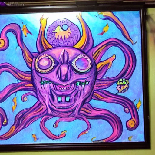 Image similar to Eldritch Sun Monster, Cosmic Horror Painting, In the Style of Blacklight