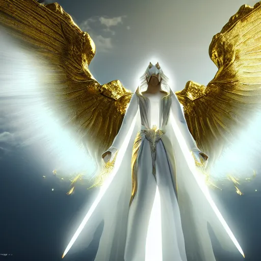Image similar to Angel in white linen, golden armor, glowing sword in hand, translucent wings, concept character, beautiful, stunning, gold mist, radiating power, energy, god rays, luminescence, fractal, unreal engine, 8k