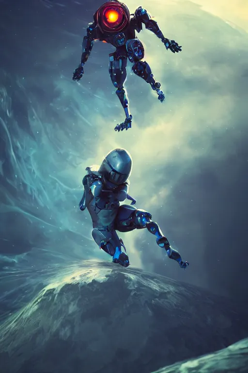 Image similar to ninja cyborg floating in space letting go of reality and experiencing the quantum feild, matte painting comic book art, cinematic, highly detailed, realistic, beautiful cosmic neural network, octane render, unreal engine, depth of field, trending on artstation, sharp focus, philosophical splashes of colors