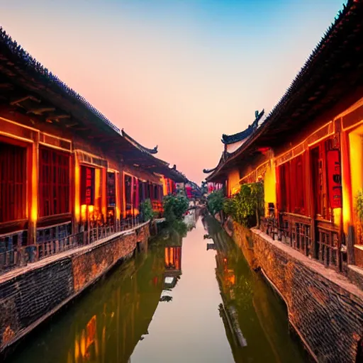 Image similar to peaceful ancient water town in the south of china, zhouzhuang ancient town, sunset glow, movie style, warm color to move