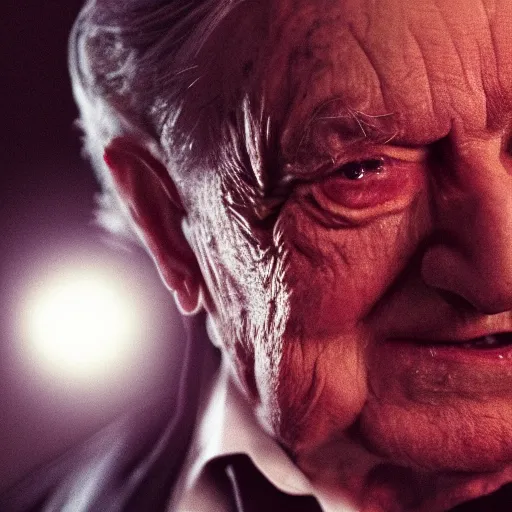 Prompt: Portrait of George Soros as an angry vampire, splash art, movie still, cinematic lighting, dramatic, octane render, long lens, shallow depth of field, bokeh, anamorphic lens flare, 8k, hyper detailed, 35mm film grain