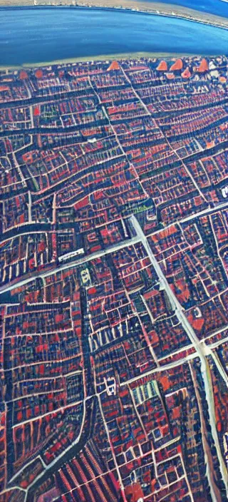 Image similar to a large oil painting of a drone view of amsterdam