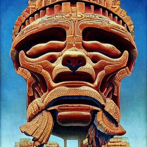 Image similar to giant mayan joe biden!!!!!!!!!!!!!!!!!!!!!!!! with flaming eyes standing over city, perfectly clear face, by j. c. leyendecker and beksinski