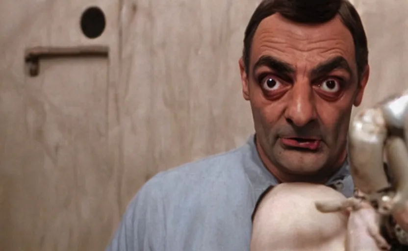 Image similar to silence of the lambs but it's mister bean