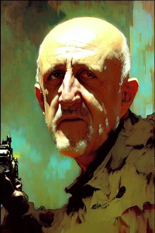 Prompt: mike ehrmantraut, painting by'phil hale '!!! gaston bussiere, craig mullins, greg rutkowski, alphonse mucha