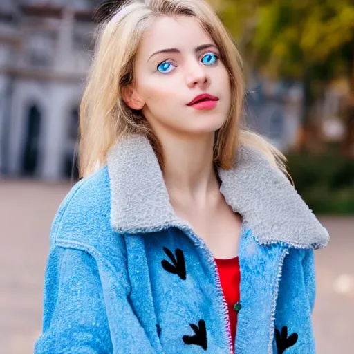 Image similar to a portuguese girl with white - fair!!!!! skin, dirty blonde hair and blue eyes, wearing a disney land coat and blue jeans, 4 k, 8 k, photorealistic facial features