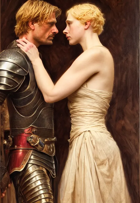 Prompt: attractive fully clothed jaime lannister confesses his love for attractive fully armored brienne of tarth. tender looks. highly detailed painting by gaston bussiere and j. c. leyendecker 8 k