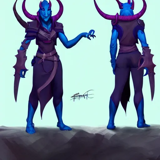 Image similar to D&D character concept art of a tiefling, tiefling rogue, blue skin color with short horns and a devil tail, casual pose of a Rogue holding daggers, full body pose, soft colors, fantasy, intricate, elegant, highly detailed, digital painting, artstation, concept art, smooth, sharp focus, illustration