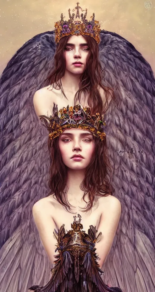 Image similar to beautiful young girl wearing a crown and sadness in her eyes, ravens around her, skulls, vaporwave aesthetic, synthwave, intricate, elegant, highly detailed, digital painting, wearing long gown, angelic wings, artstation, concept art, smooth, sharp focus, illustration, art by artgerm and greg rutkowski and alphonse mucha