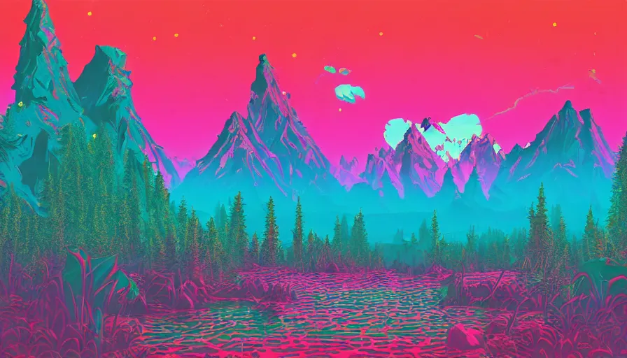Prompt: a retrowave style artwork of bobby shmurda wilderness, a land of the dead, divine, hazy, volumetric lighting, snowy summits in the background, vast turquoise lake, lush flora, empty, spacetime bending, very detailed, serene, gold accents, washed out colors, beautiful artwork, master level composition, raytracing