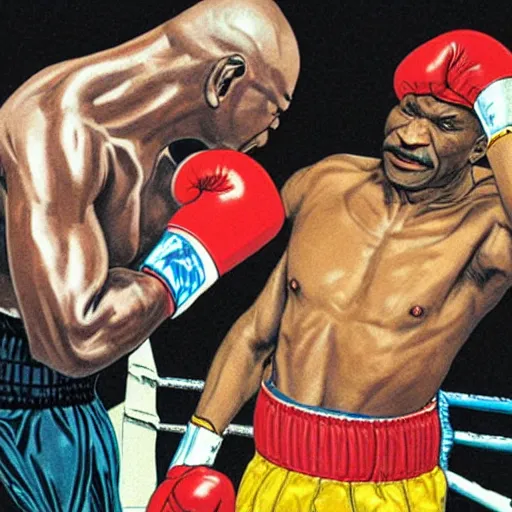 Prompt: Mahatma Gandhi boxing Mike Tyson in a boxing ring, highly detailed