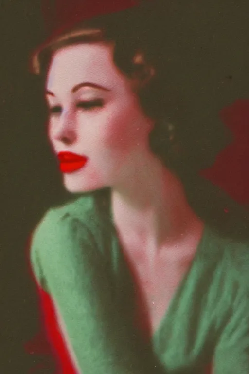 Prompt: vintage aged analog portrait of a beautiful pale young woman in the 1940s, green tones, red color bleed, sunshine, film grain