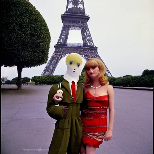 Image similar to 1976 film still glamorous woman photo and her friend, a puppet that looks like Caspar the Friendly Ghost, in front of the eiffel tower, 16mm film live soft color, earth tones and some primary colors 1976, archival footage, in style of doris wishman russ meyer, woman looks like sharon tate