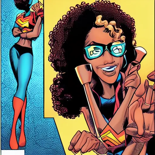 Prompt: nerdy black girl super hero, big afro, sexy lips, tall and slim figured, comic book style, by john romita jr, stan lee, jack kirby