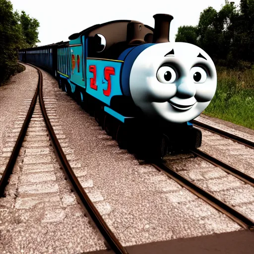 Image similar to Scary Thomas the Train with its glowing eyes at night ,grey and dark theme,creepy,gloomy