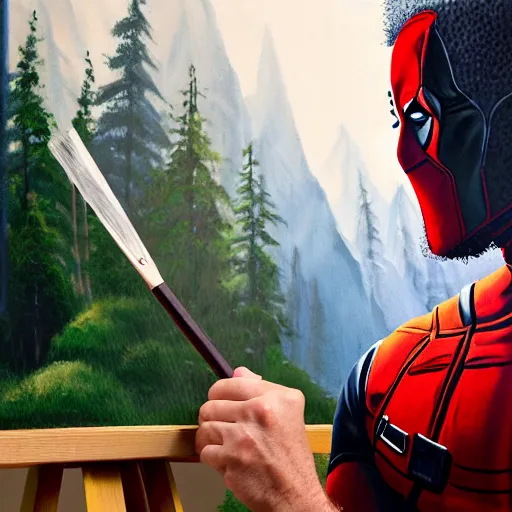 Image similar to a closeup photorealistic photograph of bob ross working on a canvas painting of deadpool. film still. brightly lit scene. mountains and trees. this 4 k hd image is trending on artstation, featured on behance, well - rendered, extra crisp, features intricate detail, epic composition and the style of unreal engine.