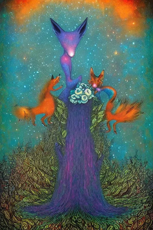 Image similar to surreal hybrid dragons and foxes, nostalgia for a fairytale, magic realism, flowerpunk, mysterious, vivid colors, by andy kehoe, amanda clarke