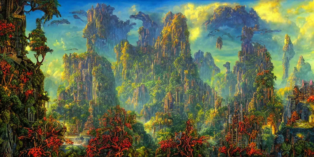 Prompt: fantasy oil painting, regale, fortress mega structure city, colossus of rhodes, atlantis, hybrid, looming, warm lighting, overlooking, epic, lush plants flowers, rainforest mountains, bright clouds, luminous sky, outer worlds, cinematic lighting, michael cheval, michael whelan, oil painting, natural tpose