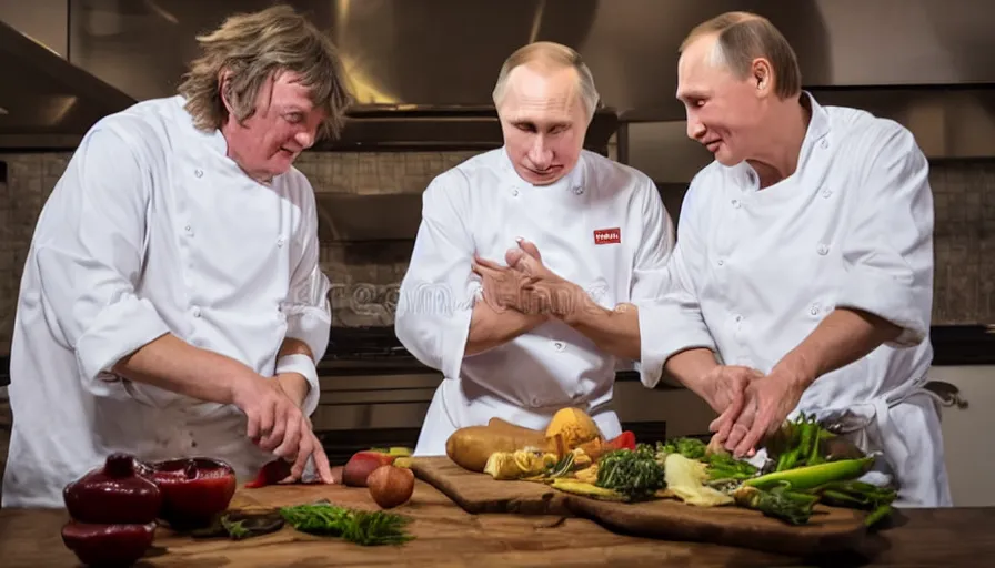 Image similar to vladimir putin and james may in white apron in kitchen cooking dinner. stock photo, high key lighting, photograph