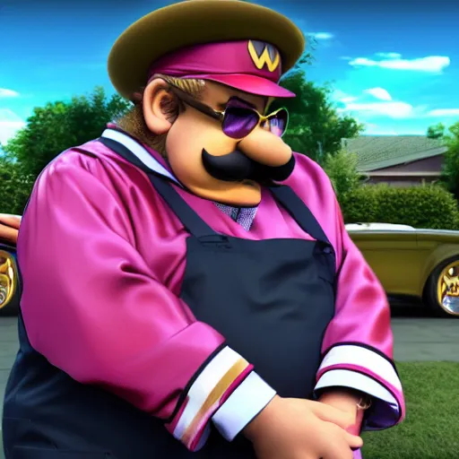 Prompt: wario as a shady car salesman, realistic, 4 k, hd.