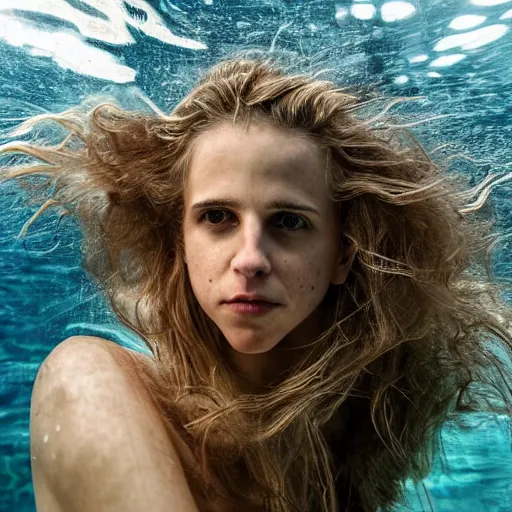 Prompt: beautiful extreme closeup portrait photo in style of frontiers in human near death molecular science magazine underwater brit marling edition, highly detailed, focus on face, soft lighting,
