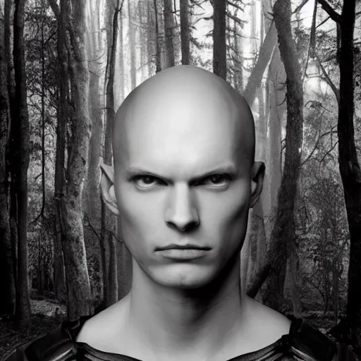 Image similar to portrait of a 1 5 foot tall, muscular, bald, smooth, extremely pale, androgynous humanoid with a perfectly symmetrical face, fully dressed in black body armour, in the background is a dense and foggy forest of trees, intricate detail, smooth, sharp focus, monochrome, high contrast, art by roberto robert,