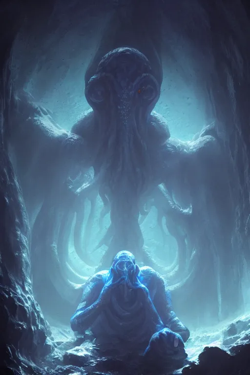 Prompt: lovecraft cthulhu in a blue cave underwater, by Greg Rutkowski , 8k, photorealistic, cinematic lighting, HD, high details, dramatic, atmospheric , vibrant high contrast, trending on artstation