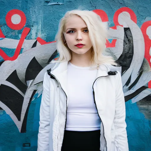 Image similar to platinum - blonde - haired hime - cut blue - eyed 1 9 - year - old nordic princess wearing white leggings and black jacket, adoring communist mural on wall, post - revolutionary era, toulouse france