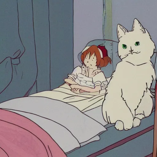 Image similar to a white ragdoll cat lies on the bed in the girl's bedroom, warm atmosphere, by studio ghibli