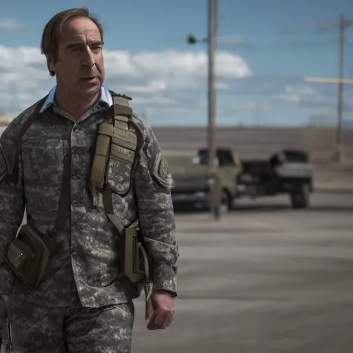 Image similar to Movie still of Saul Goodman wearing modern modern modern heavy military gear, highly detailed, 4k