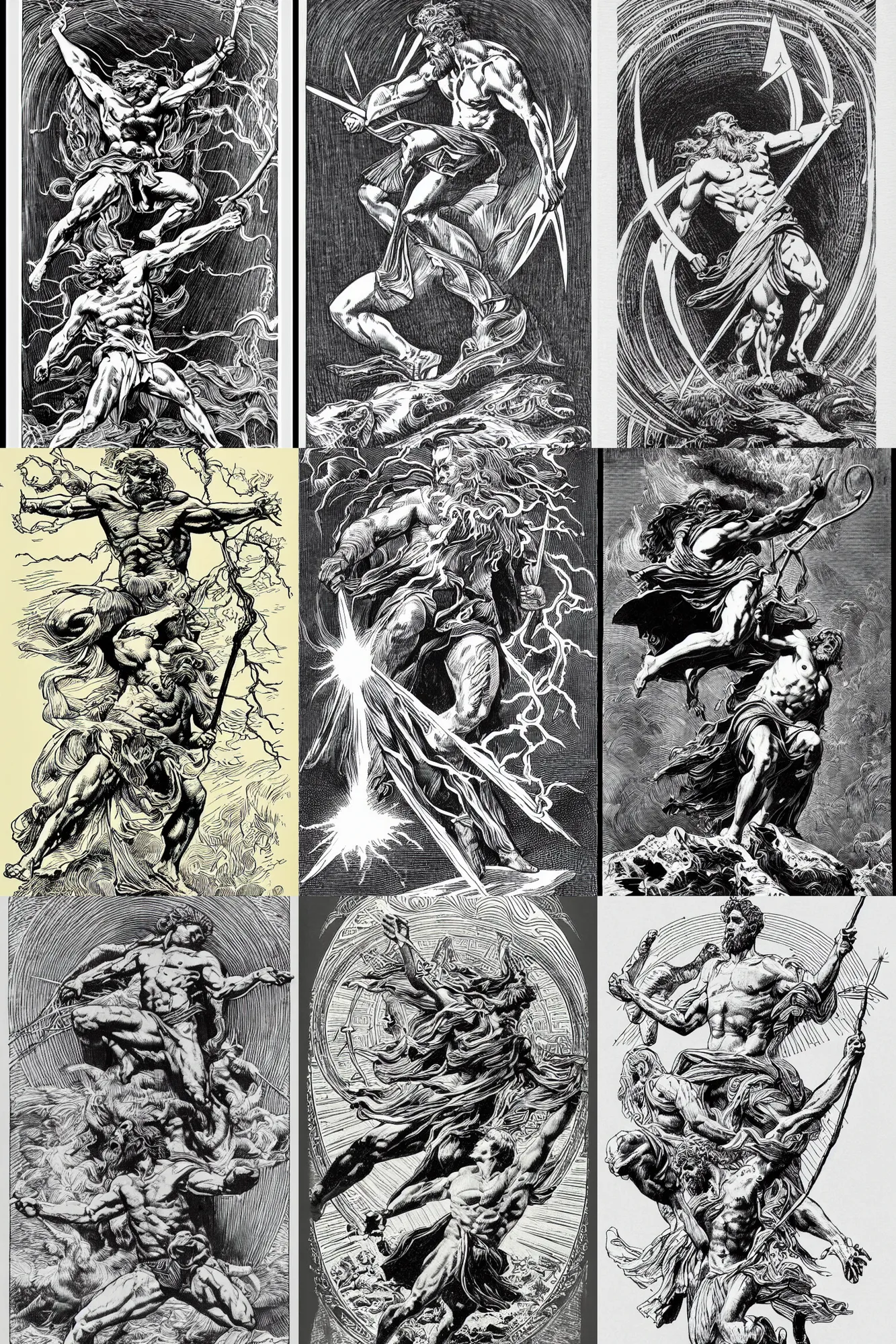 Prompt: Greek God Zeus throwing lightning bolts at a goose, Tshirt Design, Heavy Metal, crosshatching, highly detailed, smooth, intricate, ornate by Bernie Wrightson and Alphonse Mucha