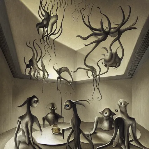 Image similar to group of creatures with distinct personalities, intertwined in an urban hotel room, several mirrors to other dimensions : : surreal architecture, chiaroscuro lighting, mysterious atmosphere : : a beautifully executed oil painting by leonora carrington, hieronymus bosch and james jean, ultra - detailed technical precision : : matte painting, high definition 3 d render, unreal engine