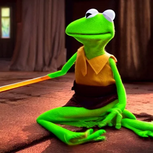 Image similar to kermit kills with a sword, blood shower, hyper detailed, 8 k, pixar.