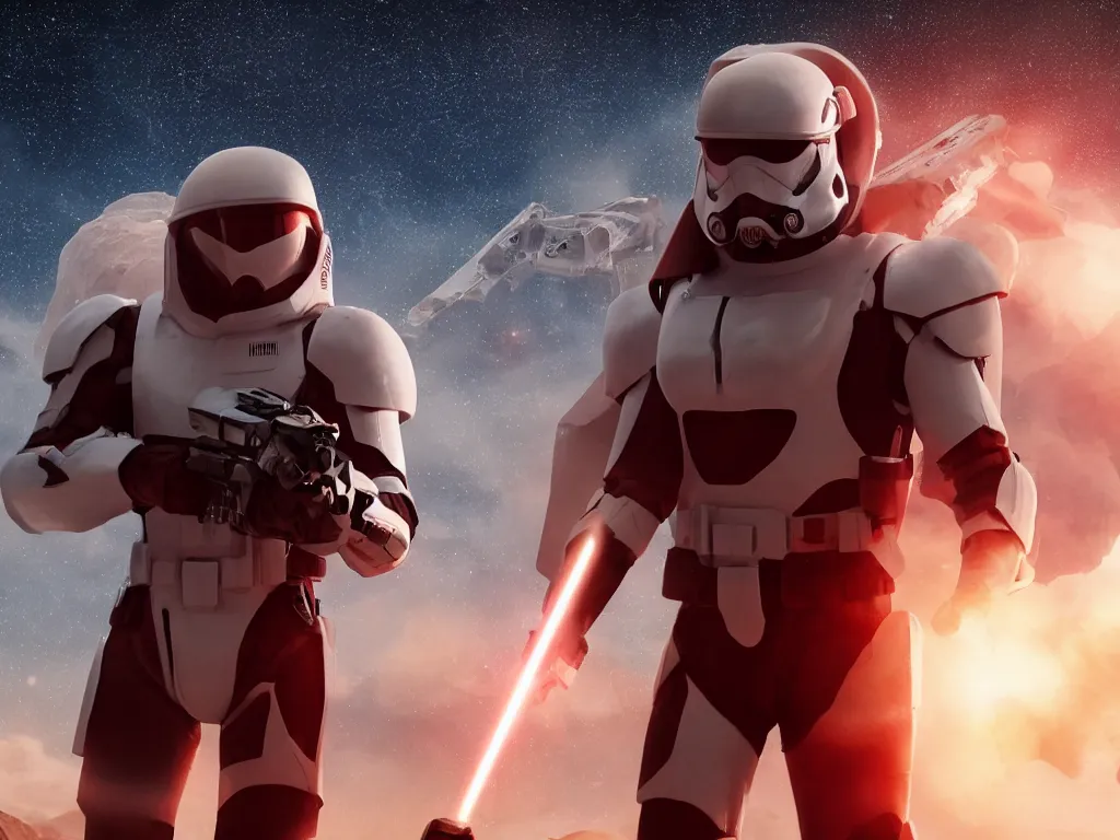 Image similar to gigachad space trooper in glossy sleek white armor with small red details, no helmet, red cape, heroic posture, firing laser rifle, on the surface of mars, explosions in the background, night time, dramatic lighting, cinematic, sci-fi, hyperrealistic, movie still