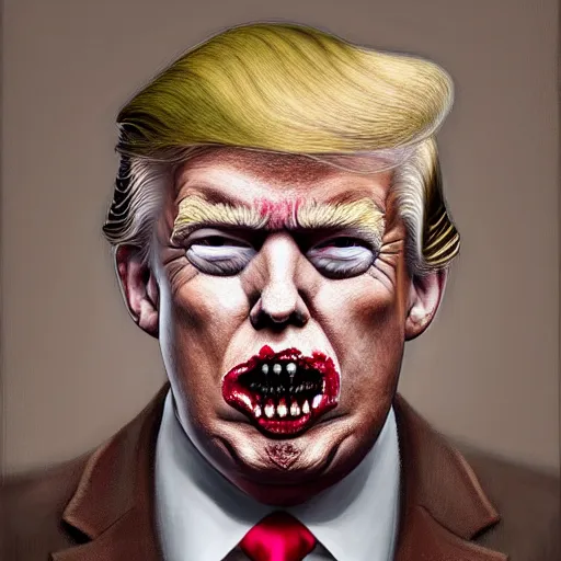 Image similar to painted portrait of donald j. trump as a zombie, 7 days to die zombie, fine art, soft light from the side, award winning, subtle earthy tones, intricate, elegant, sharp focus, cinematic lighting, digital painting, 8 k concept art, art by michael hussar, art by brom, art by z. w. gu, 8 k