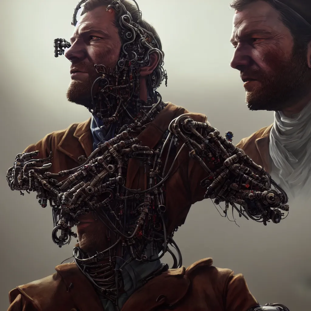 Image similar to an image of Arthur Morgan from Red Dead Redemption as a cyborg, barely human and largely biomechanical machine, hyper-realistic cyberpunk style, Peter Mohrbacher Takayuki Takeya moody, face by Yanjun Cheng, Irakli Nadar, dramatic cinematic lighting rendered by octane, 8k, detailed, intricate, clean and textures, trending on artstation, deviantart google images, pinterest