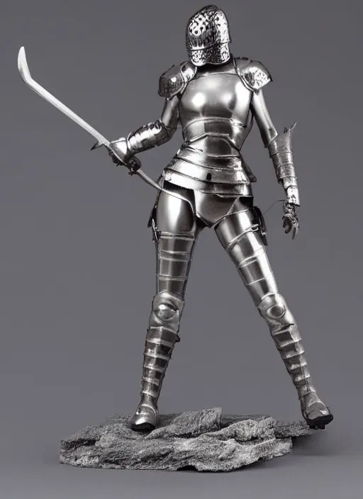 Prompt: 80mm, resin detailed model figure of a female wearing a silver knight armor