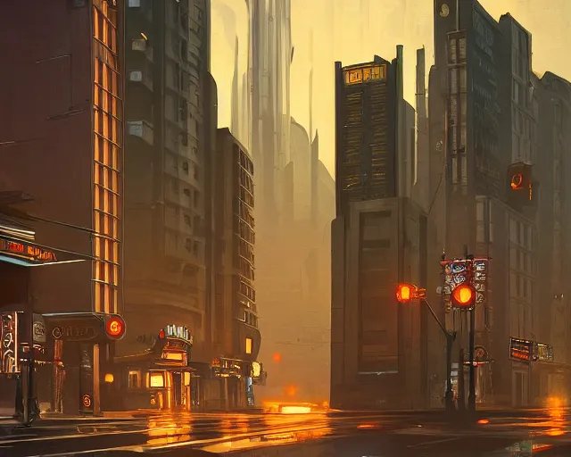 Prompt: Main street in a great art deco city at night, anime, streamline moderne, dieselpunk, shiny brass, skyscrapers, a sci-fi digital painting by Greg Rutkowski and James Gurney, trending on Artstation, highly detailed
