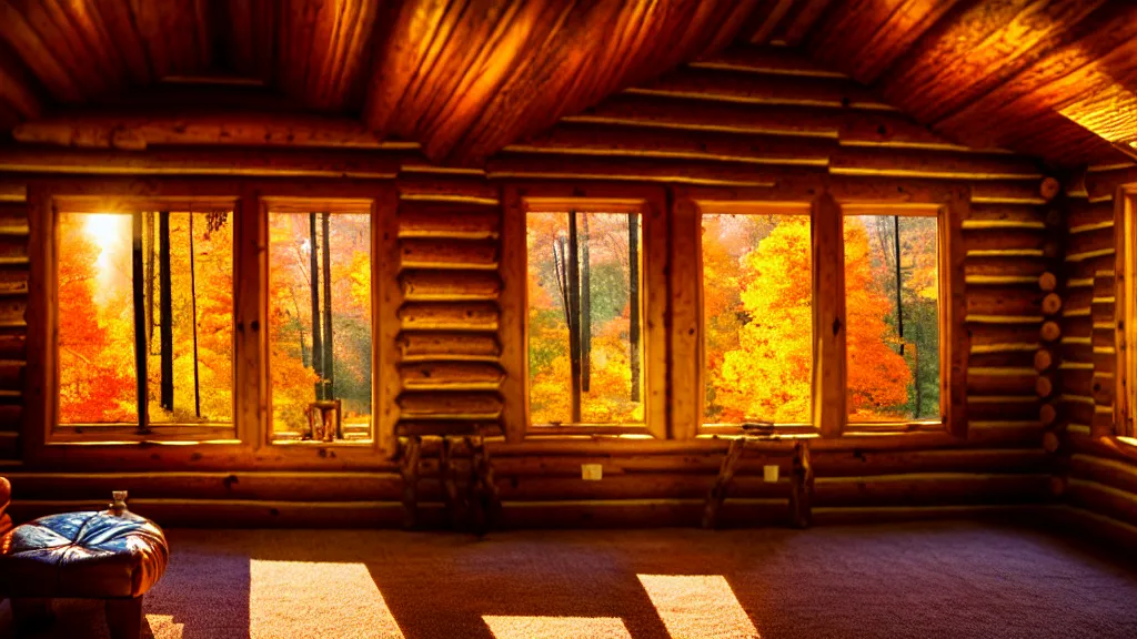 Image similar to inside an old log cabin, the autumn light comes in through a window and dimly illuminates the room, softened diffuse light, photorealism, photo taken with canon EOS 5D and 35 mm lens