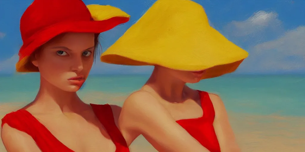 Image similar to beautiful oil matte portrait painting, young woman with red dress and mustard yellow summer hat at a beach on a sunny day, wonderful masterpiece highly detailed, beautiful cinematic light deep focus, elegant, digital painting, smooth, sharp focus, golden ratio, dramatic illumination, ultra realistic, 8 k, art by jimmy law