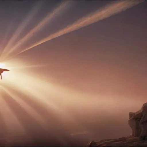 Image similar to an angel that lost its wings in war, foggy, sun rays, cinematic shot, photo still from movie by denis villeneuve, wayne barlowe