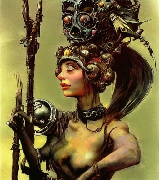 Prompt: princess of the wasteland, scrap metal headdress, strong line, deep color, high contrast, beautiful! coherent! by brian froud, by frank frazetta, low angle