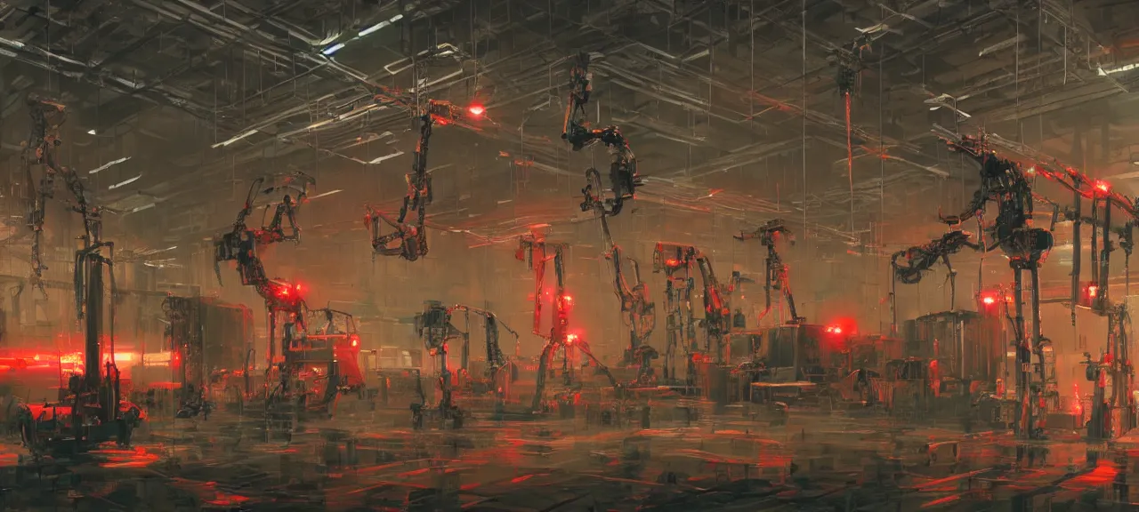 Image similar to dystopian factory building robots, with suspended rails and hanging mechanical parts, robotic arms, red leds, concept art by craig mullins, gloomy, neon lights