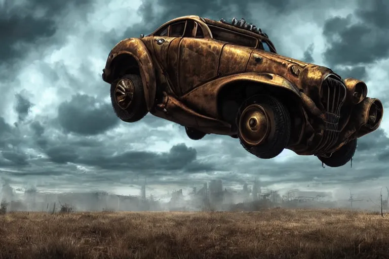 Prompt: ultra realist 3d soft paint of a single gothic steampunk four wheel sport car fully armored, Fallout, symmetry accurate features, very intricate details, ominous sky, volumetric light clouds, post apocalyptic background